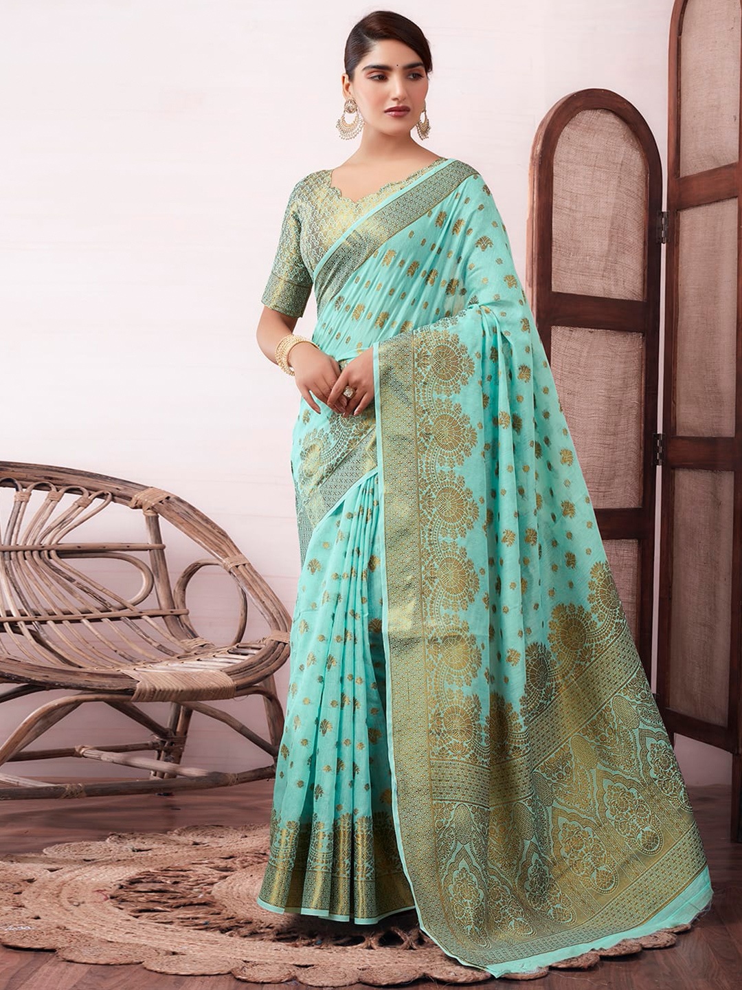 

Satrani Ethnic Motifs Woven Design Banarasi Saree, Turquoise blue