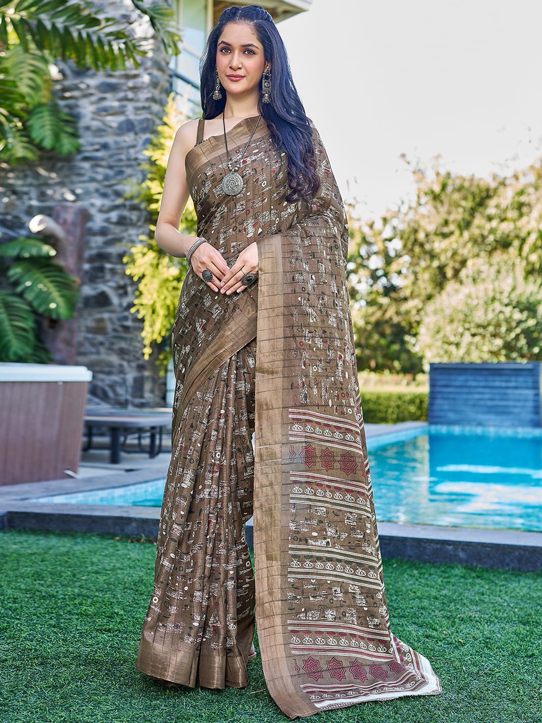 

Satrani Zari Silk Blend Saree, Brown