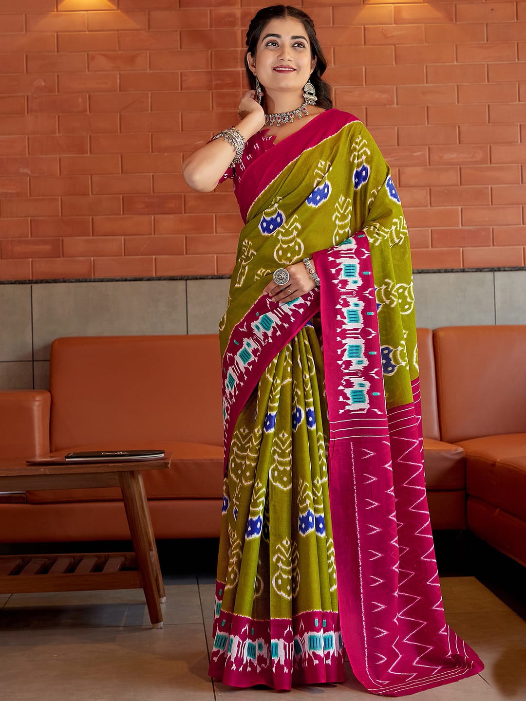 

Satrani Ethnic Motifs Saree, Olive