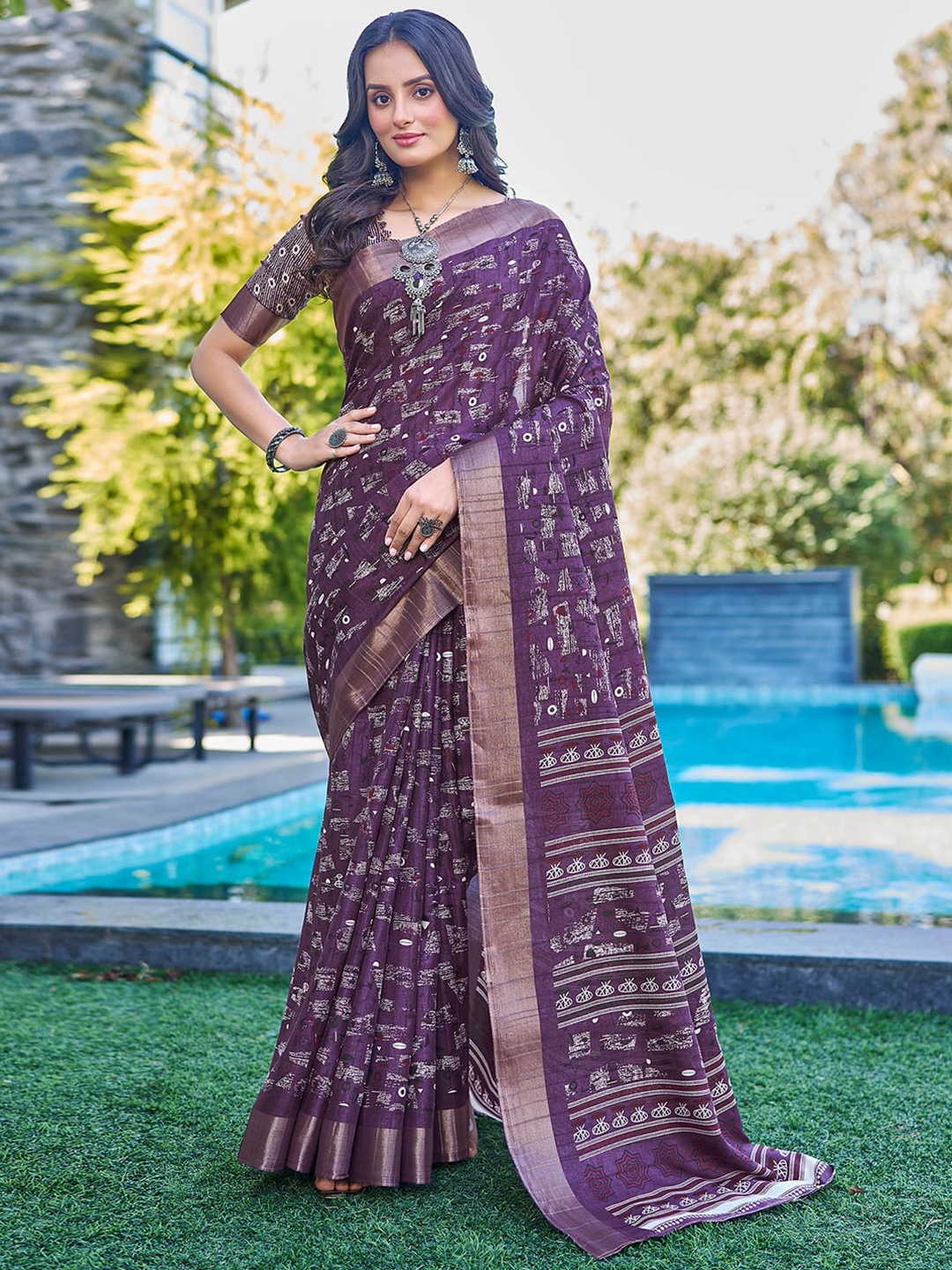 

Satrani Zari Silk Blend Saree, Purple