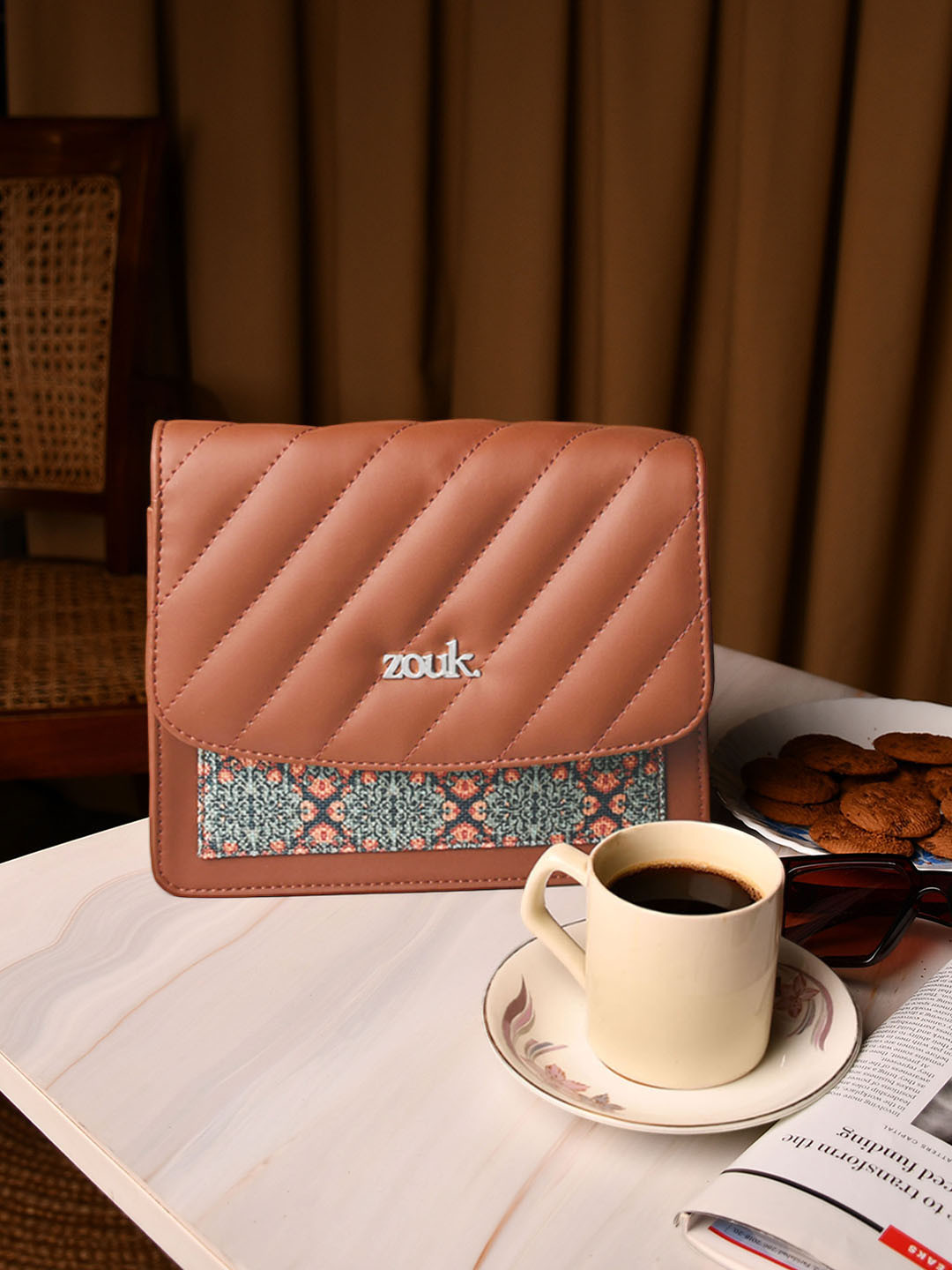 

ZOUK Women Solid Buckle Detail Oversized Structured Shoulder Bag with Quilted, Brown