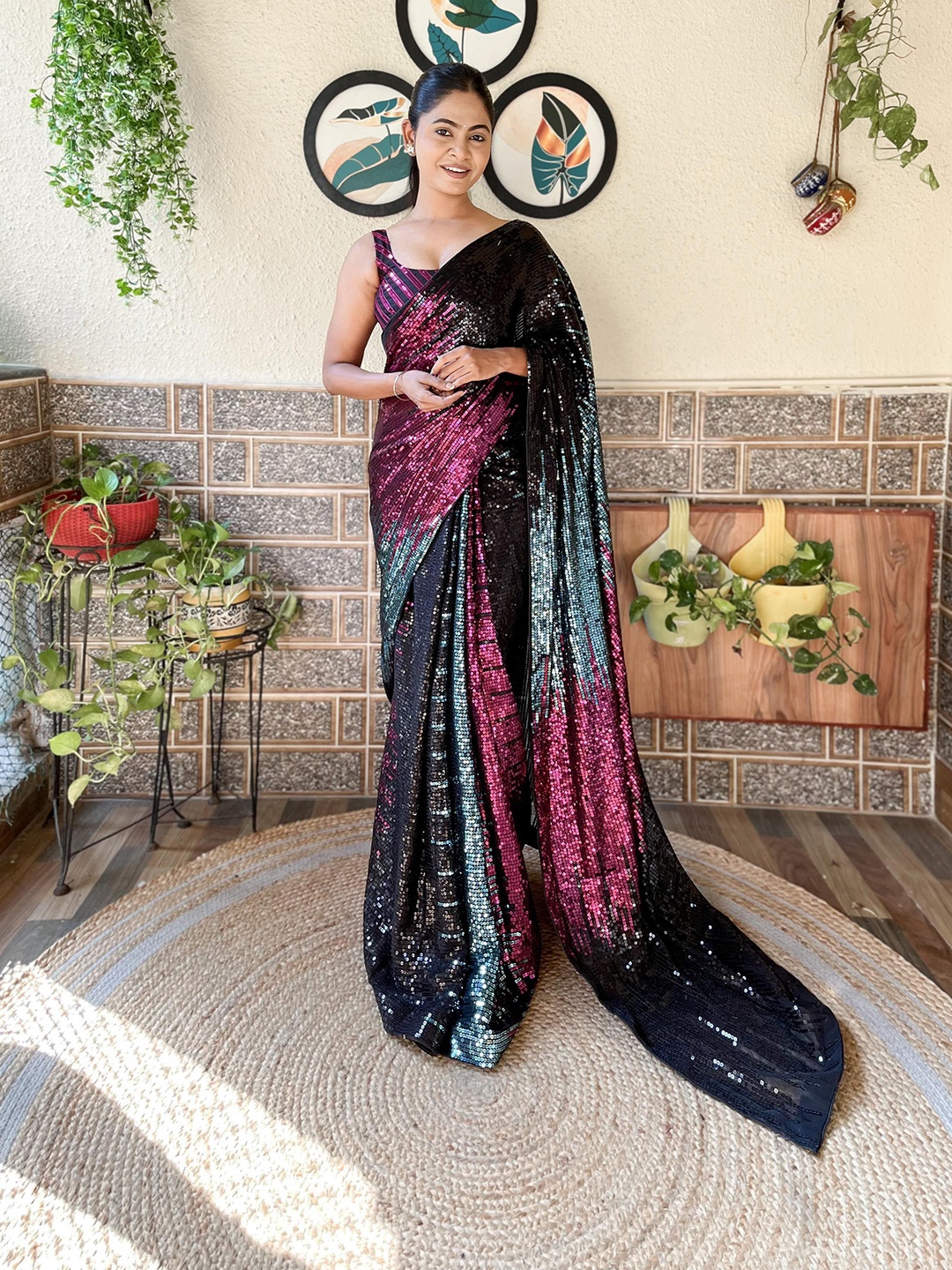 

Mitera Embellished Sequinned Poly Georgette Saree, Black