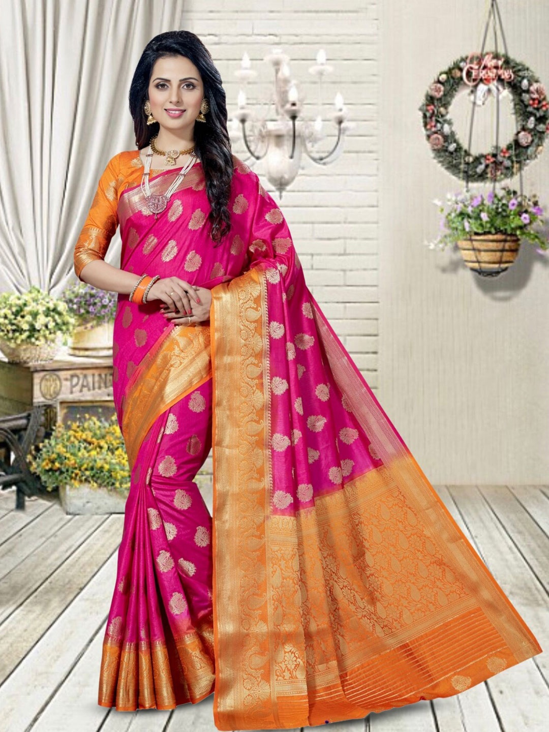

Mitera Woven Design Zari Silk Blend Kanjeevaram Saree, Pink