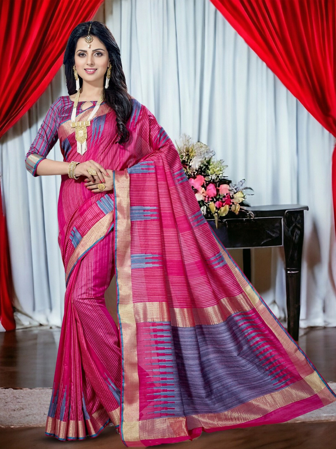 

Mitera Woven Design Zari Silk Blend Kanjeevaram Saree, Pink