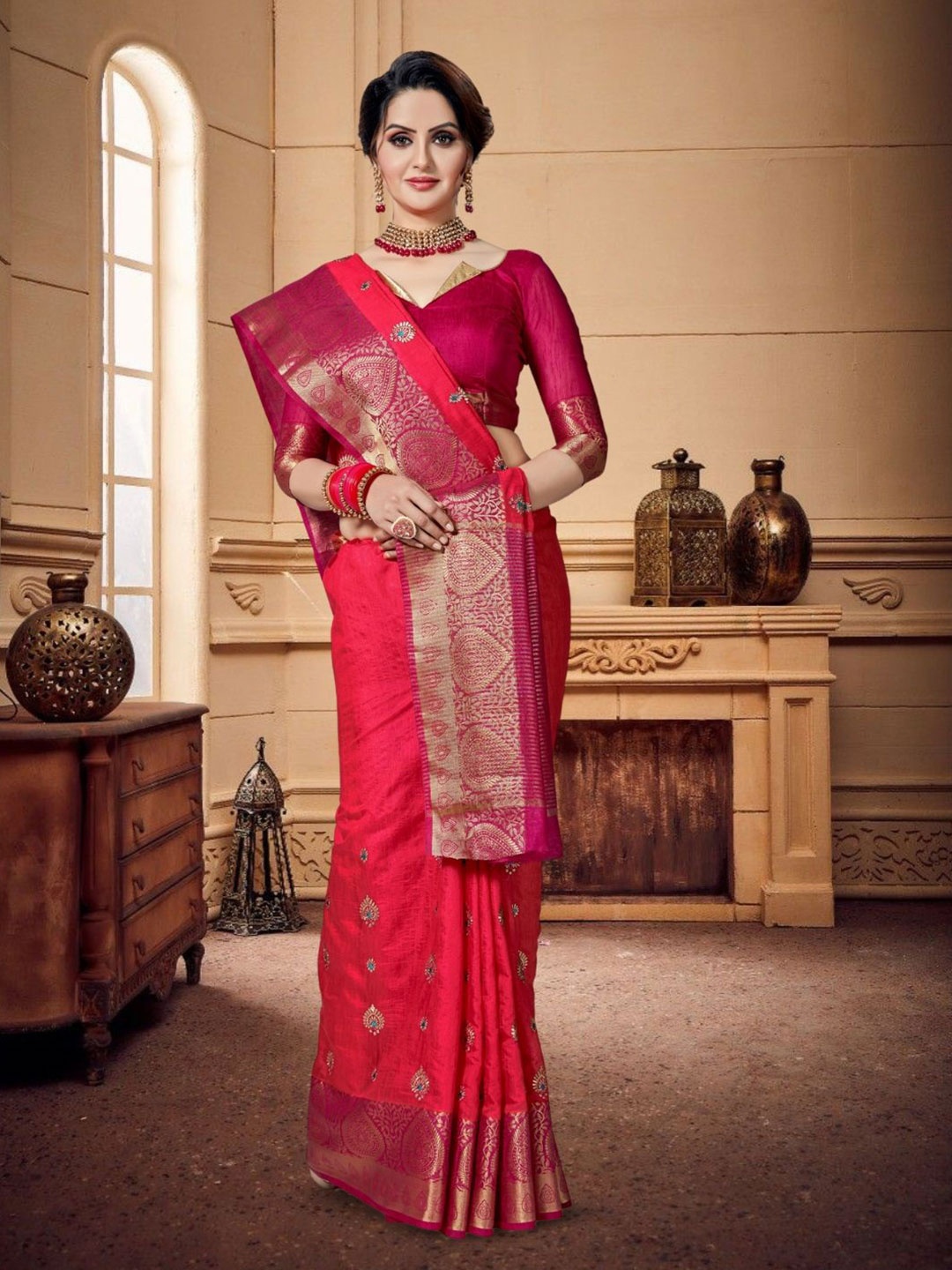 

Mitera Woven Design Zari Silk Blend Kanjeevaram Saree, Rose