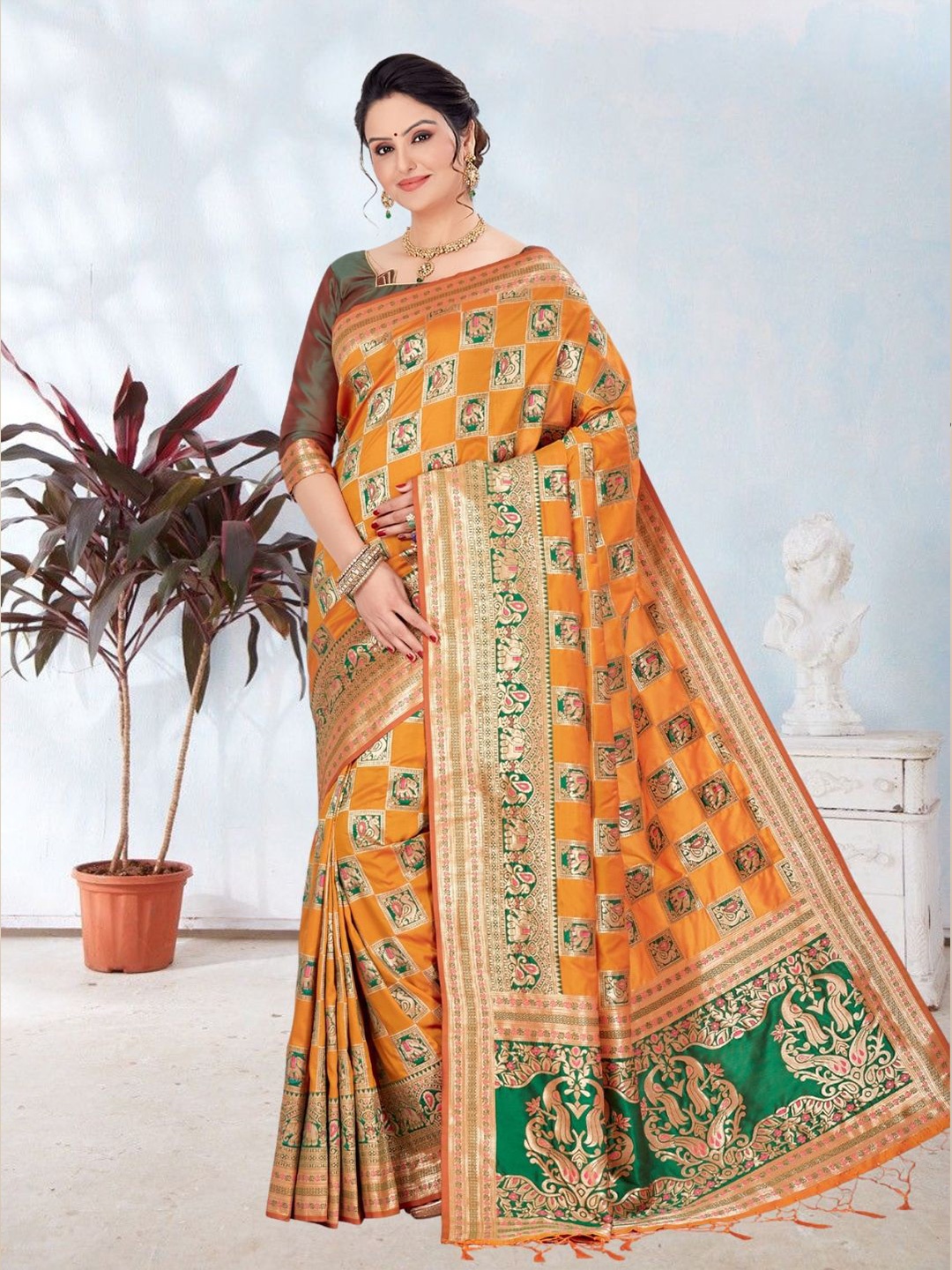 

Mitera Woven Design Zari Silk Blend Banarasi Saree, Mustard