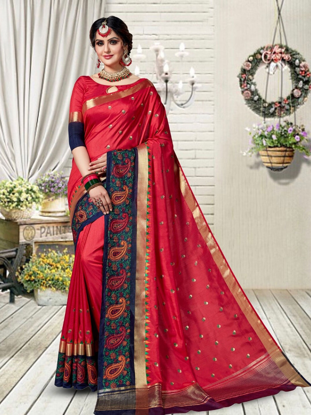 

Mitera Embellished Embroidered Silk Blend Kanjeevaram Saree, Red