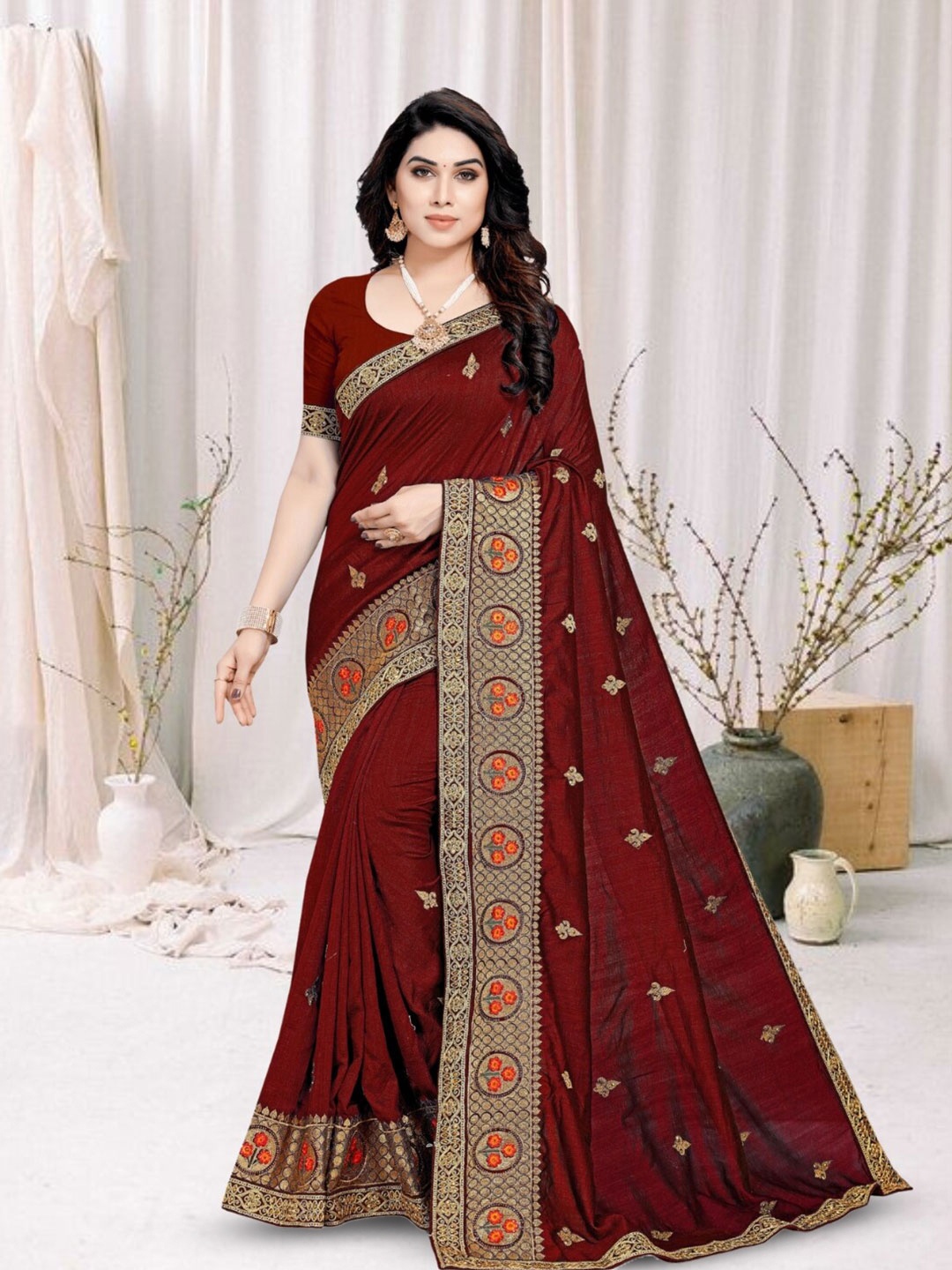 

Mitera Ethnic Motifs Zari Silk Blend Heavy Work Saree, Maroon