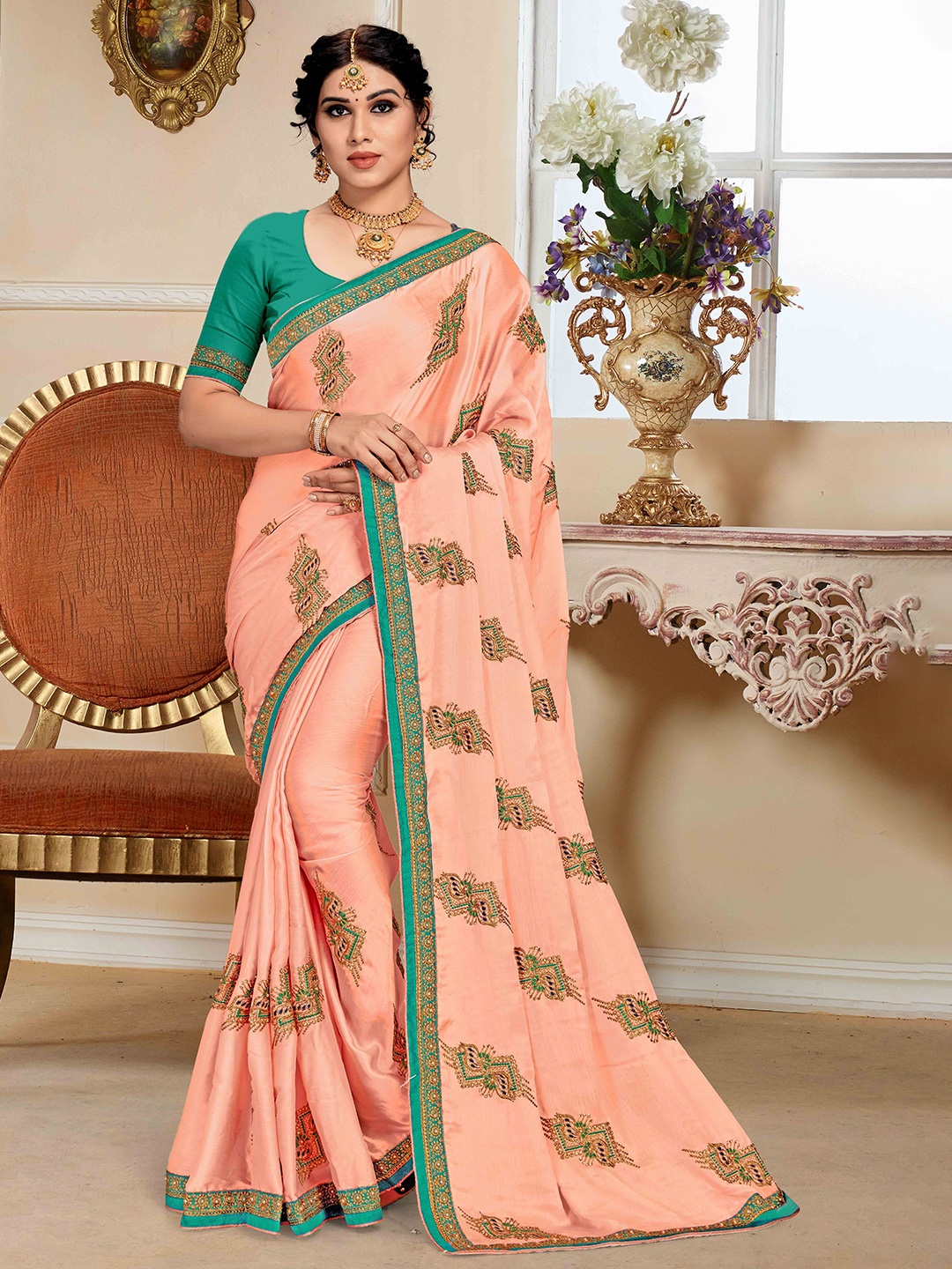 

Mitera Embellished Embroidered Silk Blend Saree, Peach