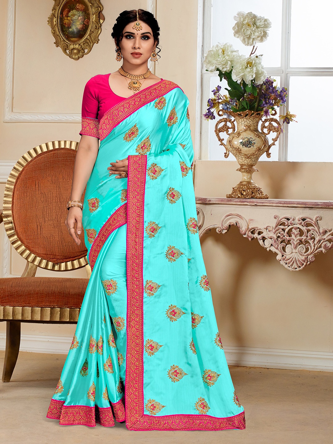 

Mitera Embellished Embroidered Silk Blend Saree, Blue