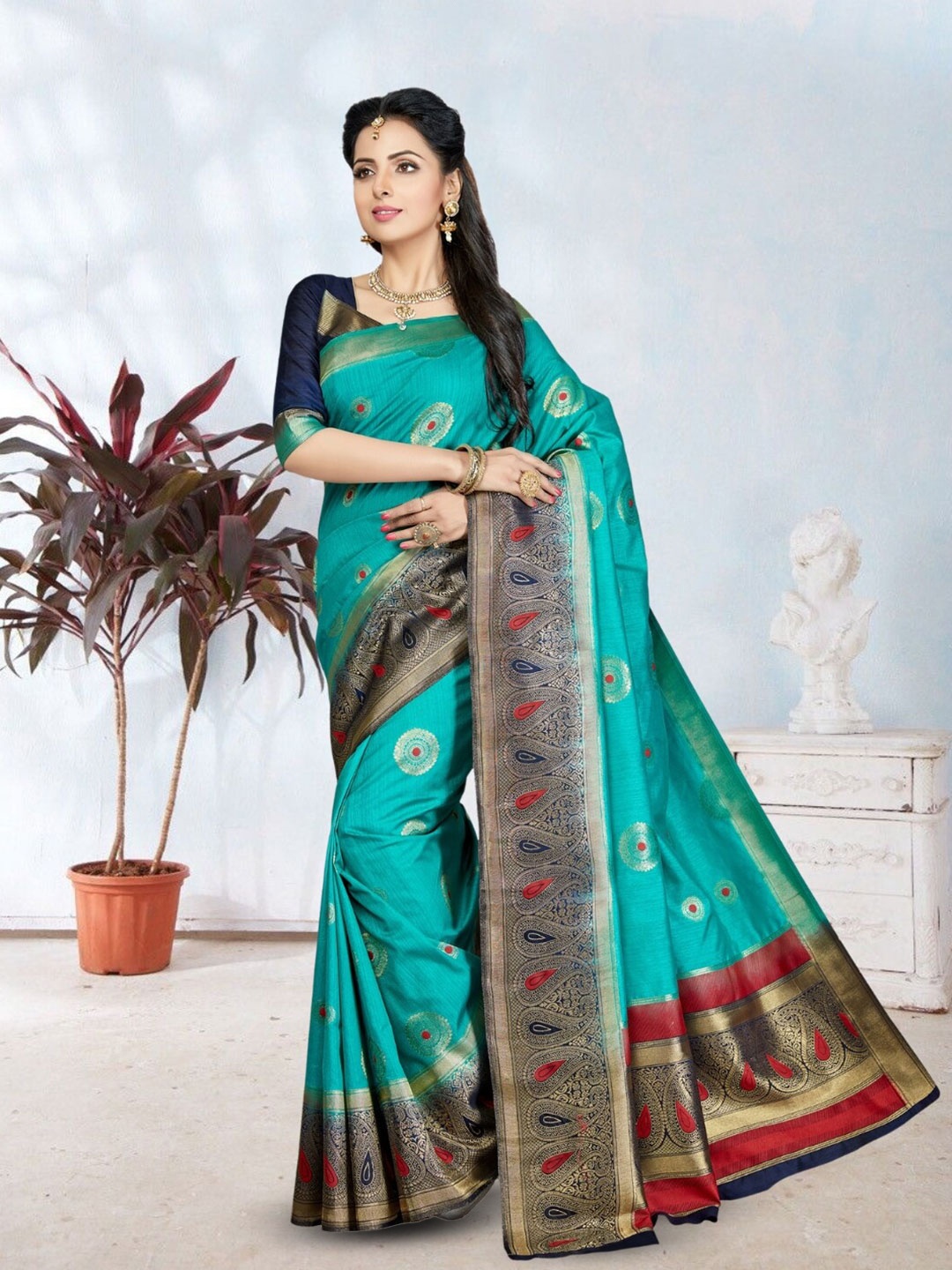 

Mitera Woven Design Zari Silk Blend Kanjeevaram Saree, Blue