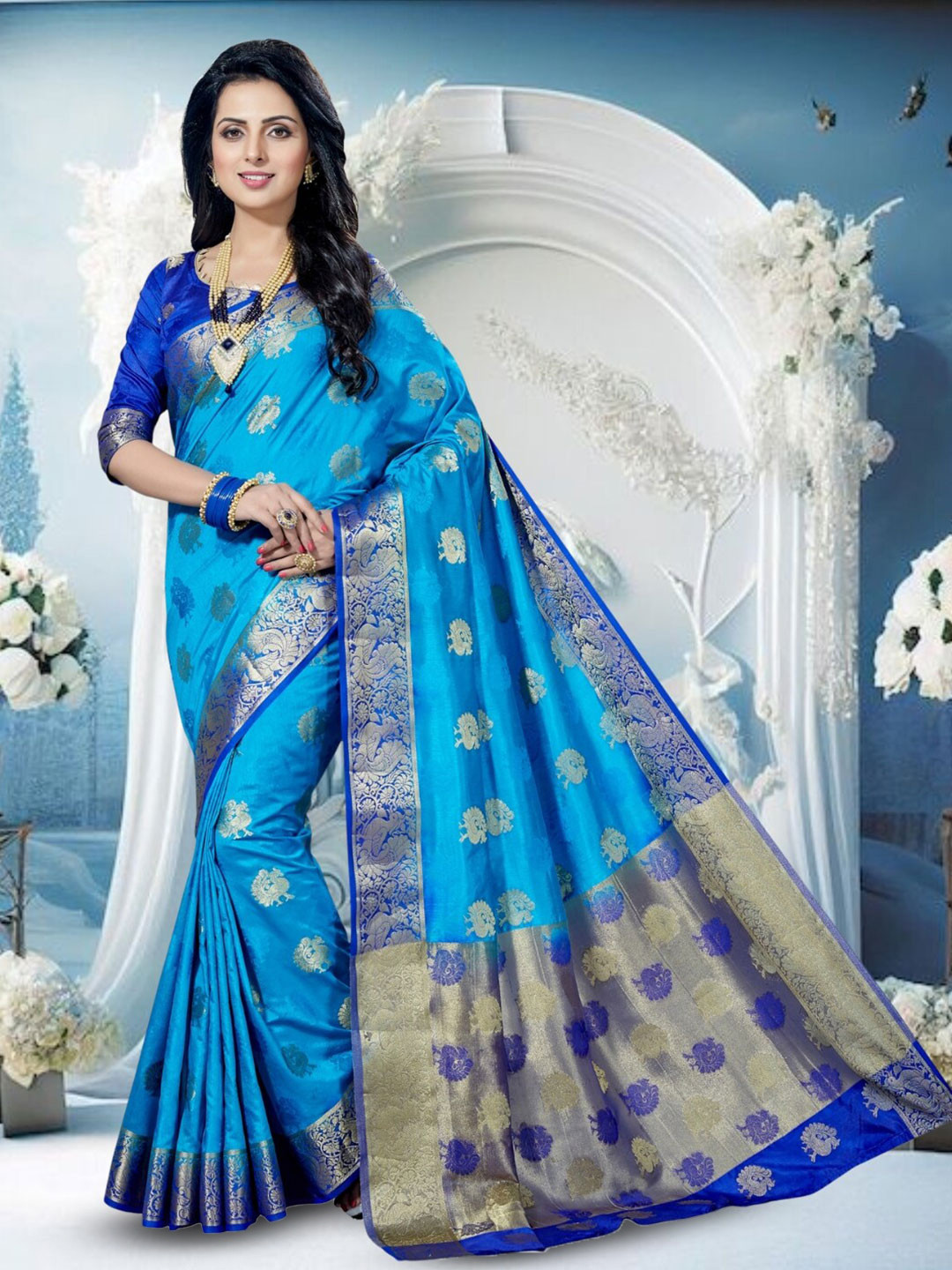 

Mitera Woven Design Zari Silk Blend Kanjeevaram Saree, Blue