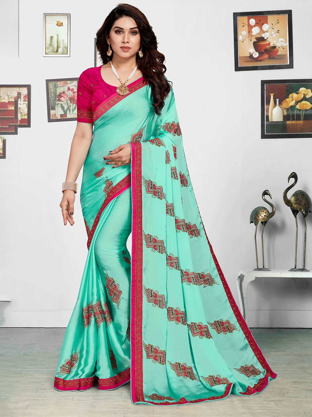 

Mitera Floral Embroidered Ethnic Motifs Silk Blend Saree, Blue