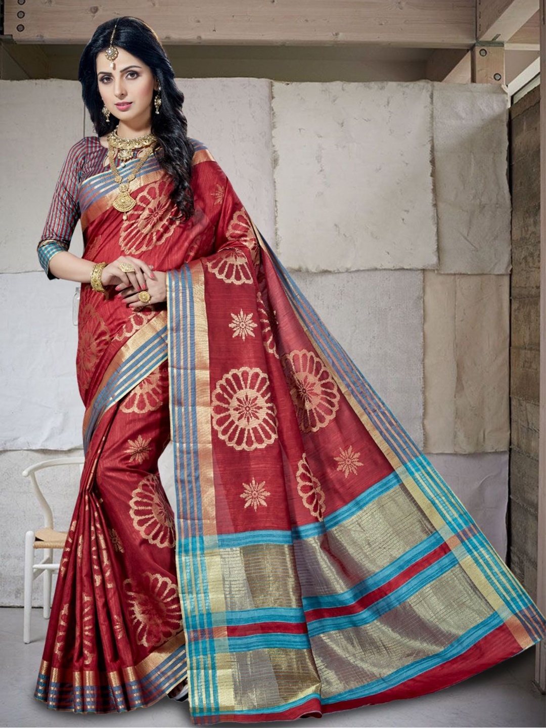 

Mitera Woven Design Zari Silk Blend Kanjeevaram Saree, Rust