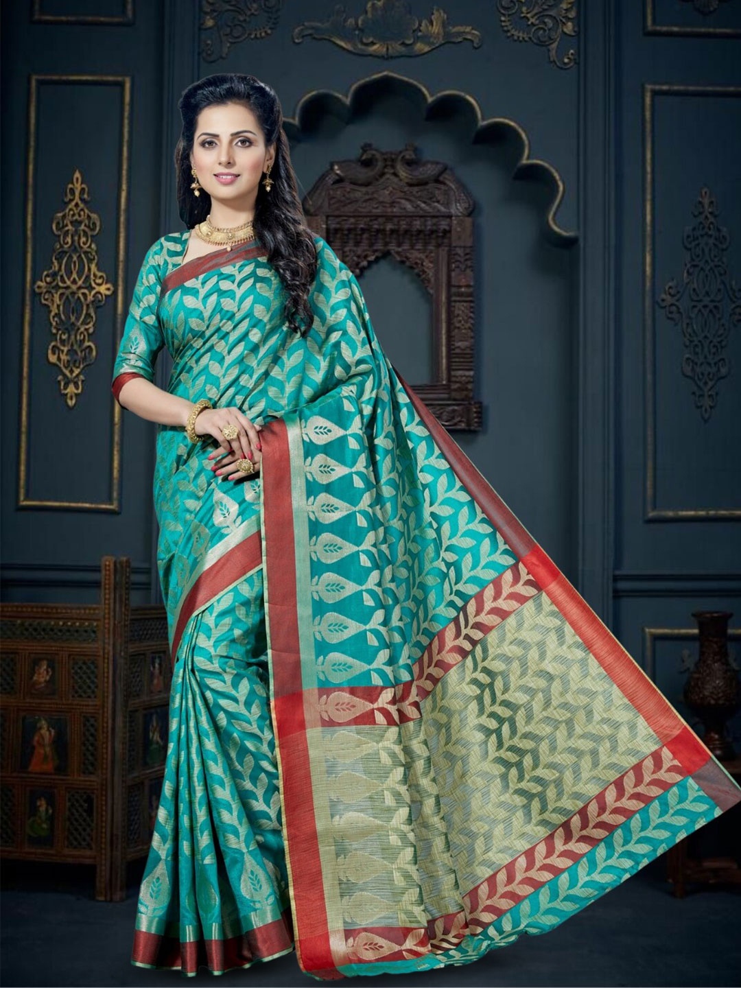 

Mitera Woven Design Zari Silk Blend Kanjeevaram Saree, Blue