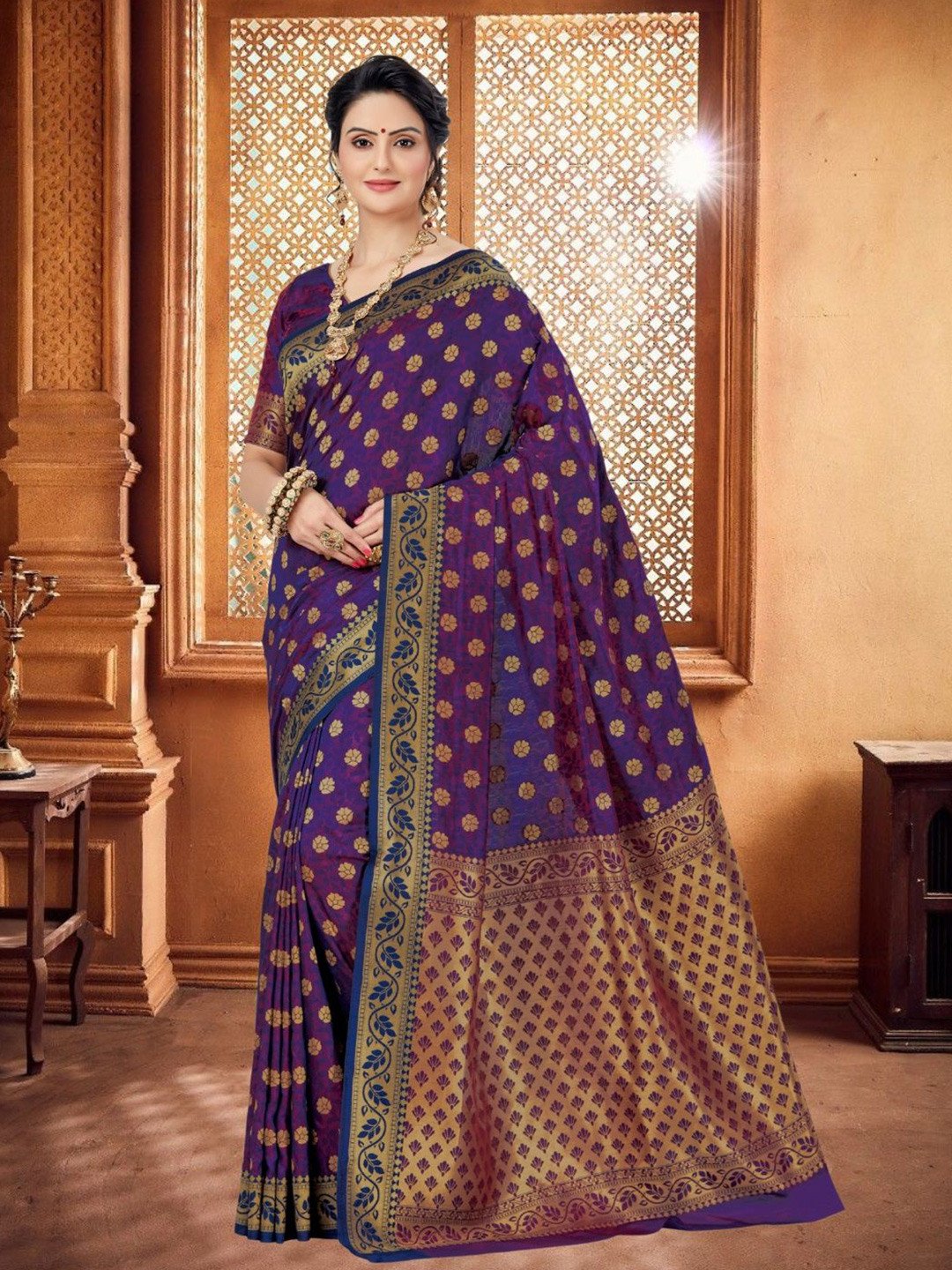 

Mitera Woven Design Zari Silk Blend Kanjeevaram Saree, Purple