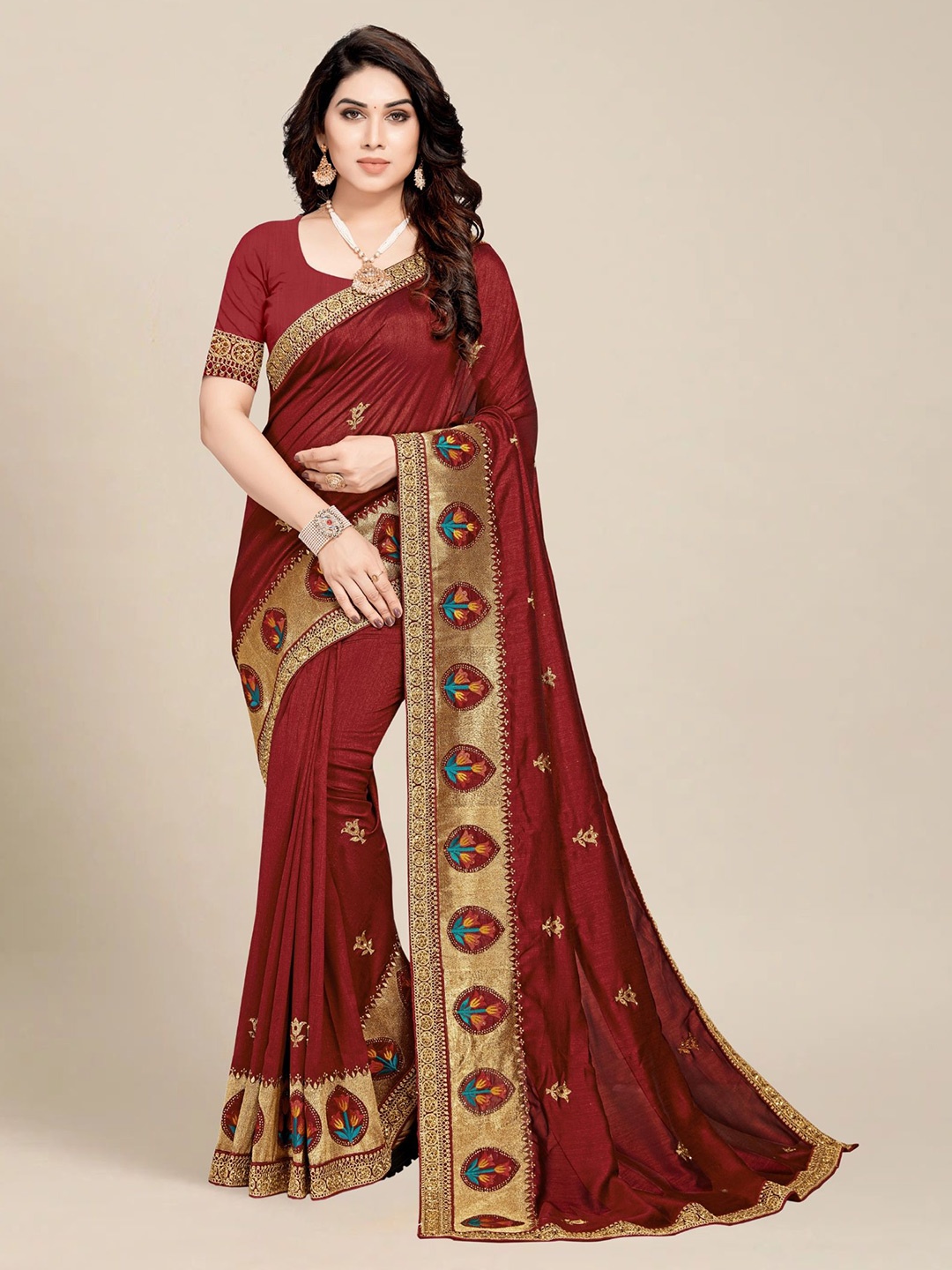 

Mitera Ethnic Motifs Zari Silk Blend Heavy Work Saree With Blouse Piece, Maroon