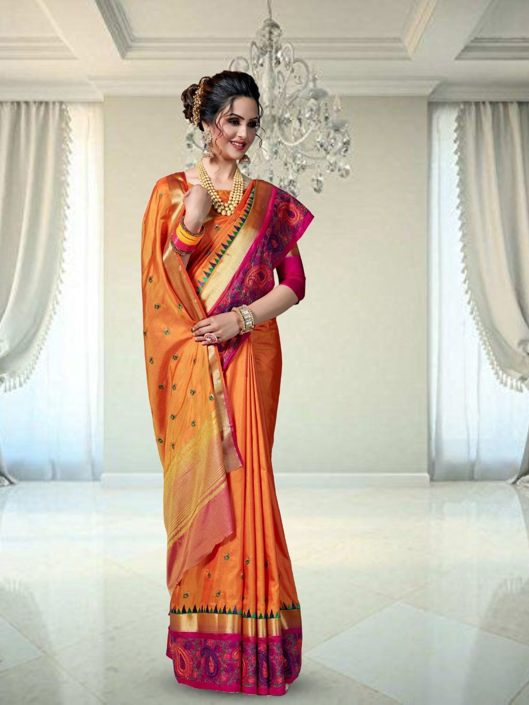 

Mitera Embellished Embroidered Silk Blend Kanjeevaram Saree, Orange
