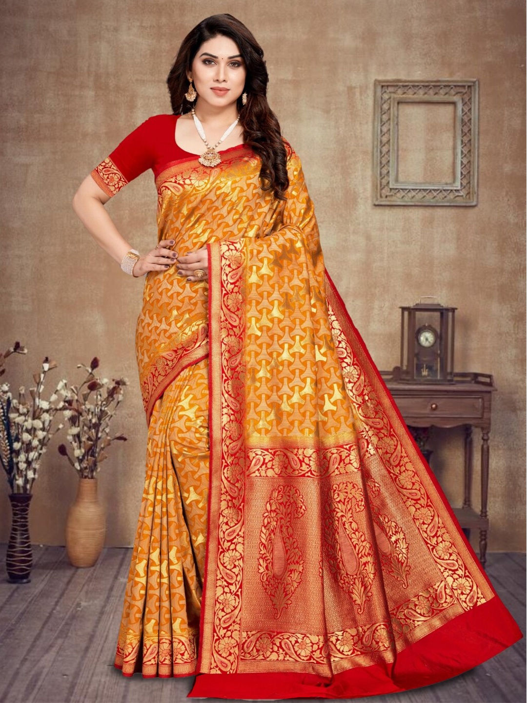 

Mitera Woven Design Zari Silk Blend Kanjeevaram Saree, Orange