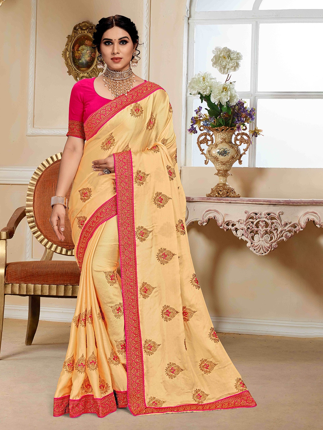 

Mitera Ethnic Motifs Embroidered Zari Silk Blend Heavy Work Saree, Cream