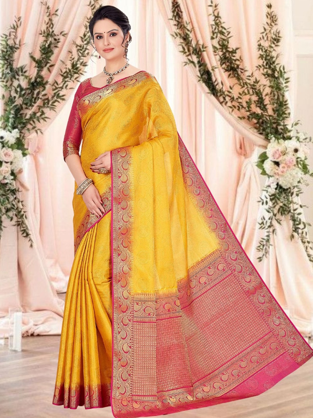 

Mitera Woven Design Zari Silk Blend Kanjeevaram Saree, Yellow