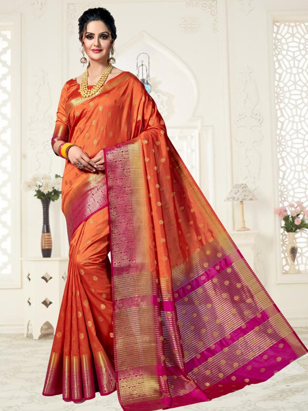 

Mitera Woven Design Zari Silk Blend Kanjeevaram Saree, Orange