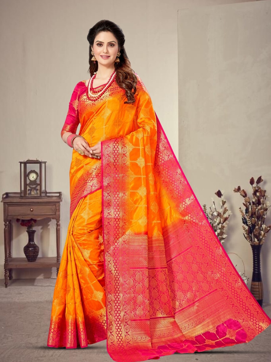 

Mitera Woven Design Zari Silk Blend Kanjeevaram Saree, Orange