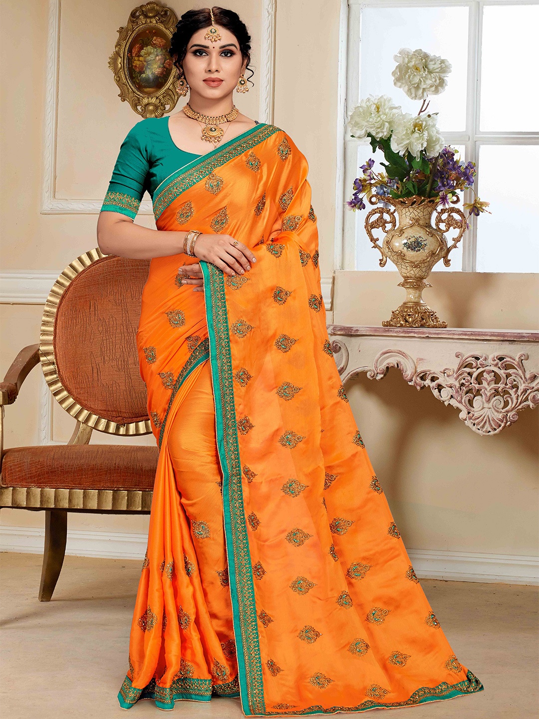 

Mitera Embellished Embroidered Silk Blend Saree, Orange
