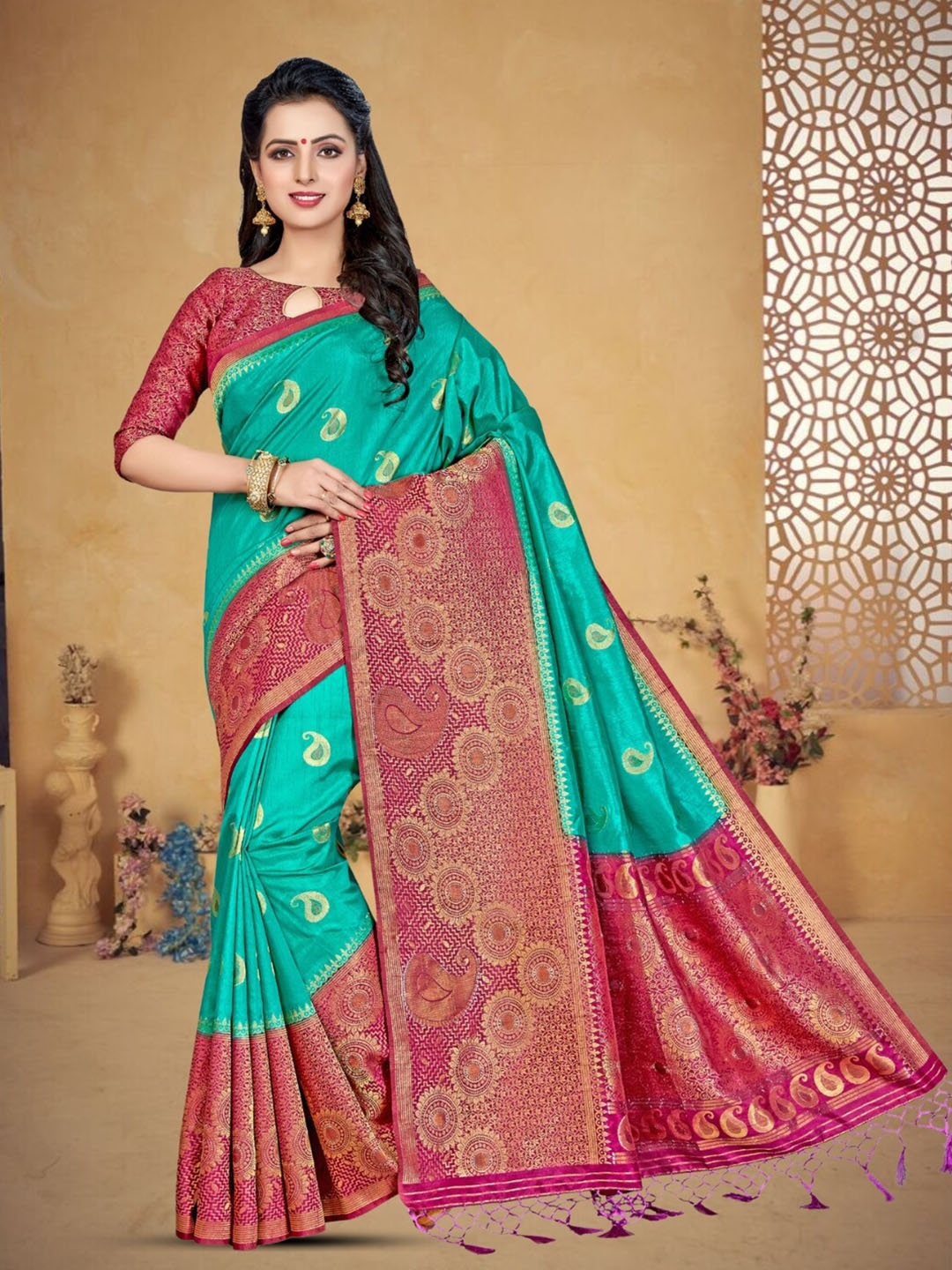 

Mitera Woven Design Zari Silk Blend Kanjeevaram Saree, Teal