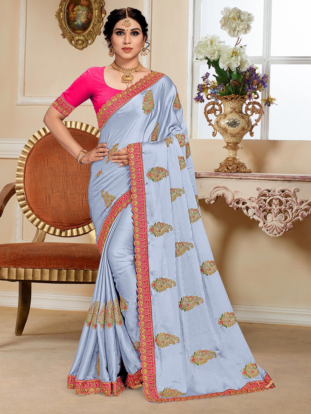 

Mitera Paisley Zari Silk Blend Heavy Work Saree, Grey