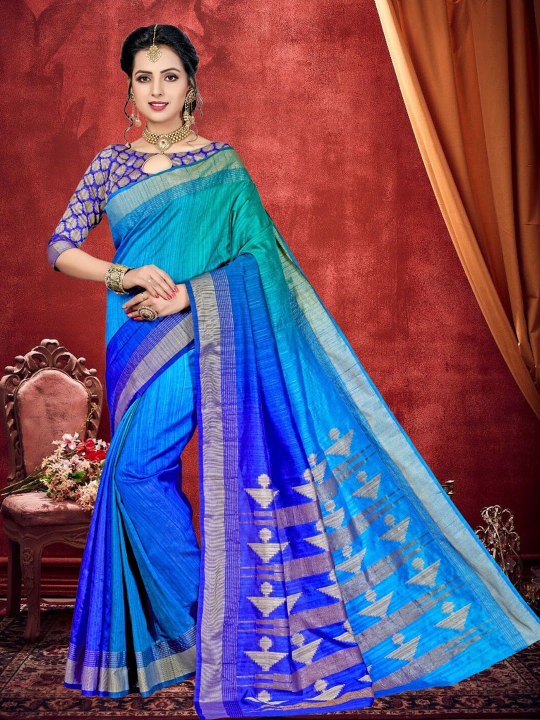 

Mitera Woven Design Zari Silk Blend Kanjeevaram Saree, Blue