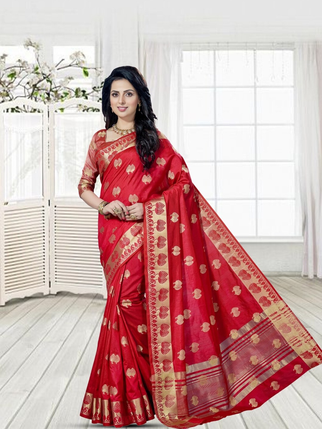 

Mitera Woven Design Zari Silk Blend Kanjeevaram Saree, Red