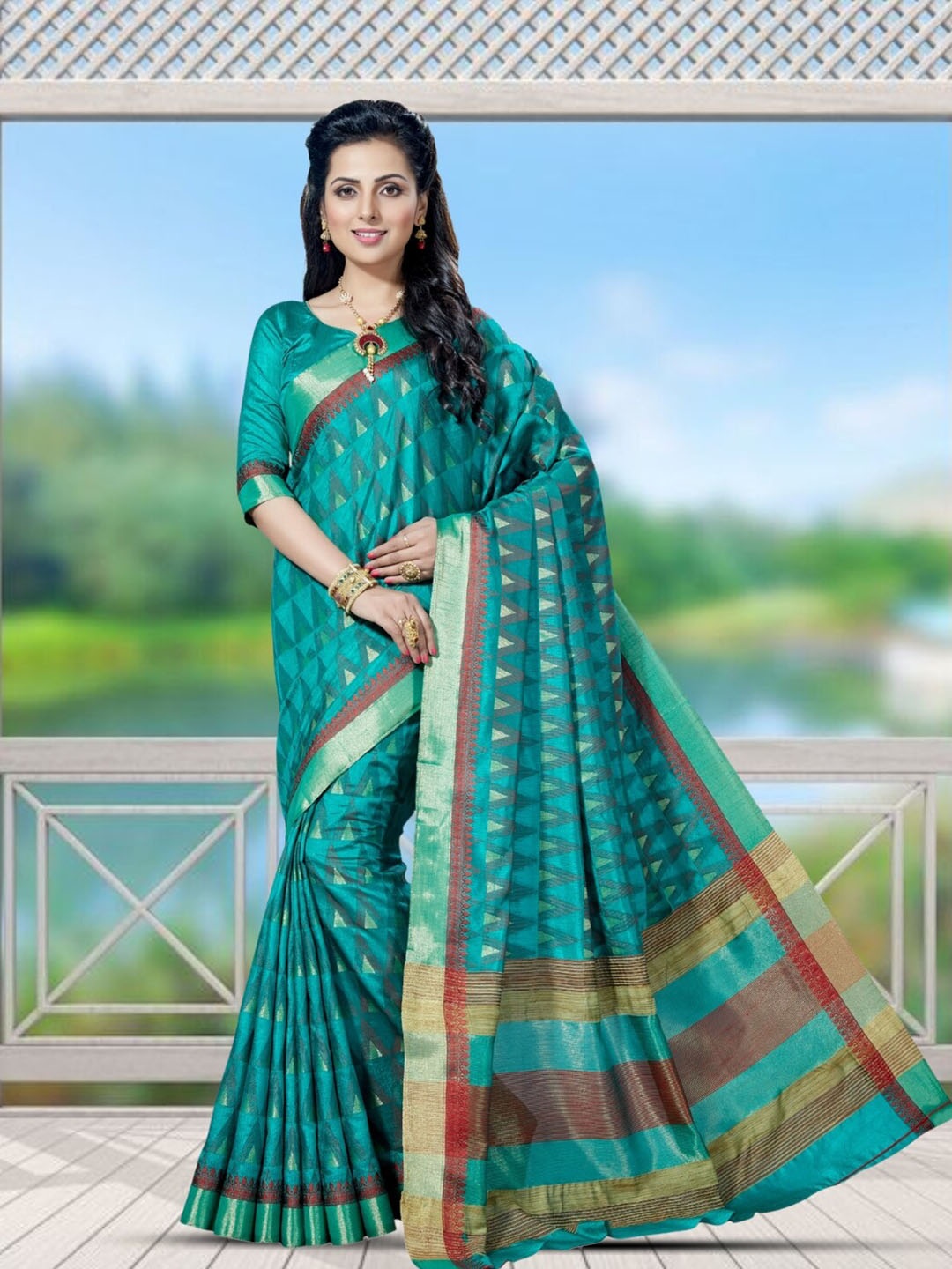 

Mitera Woven Design Zari Silk Blend Kanjeevaram Saree, Teal