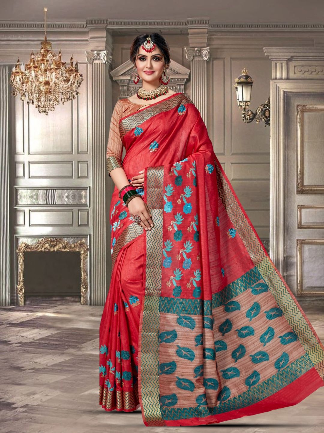 

Mitera Woven Design Zari Silk Blend Kanjeevaram Saree, Rose