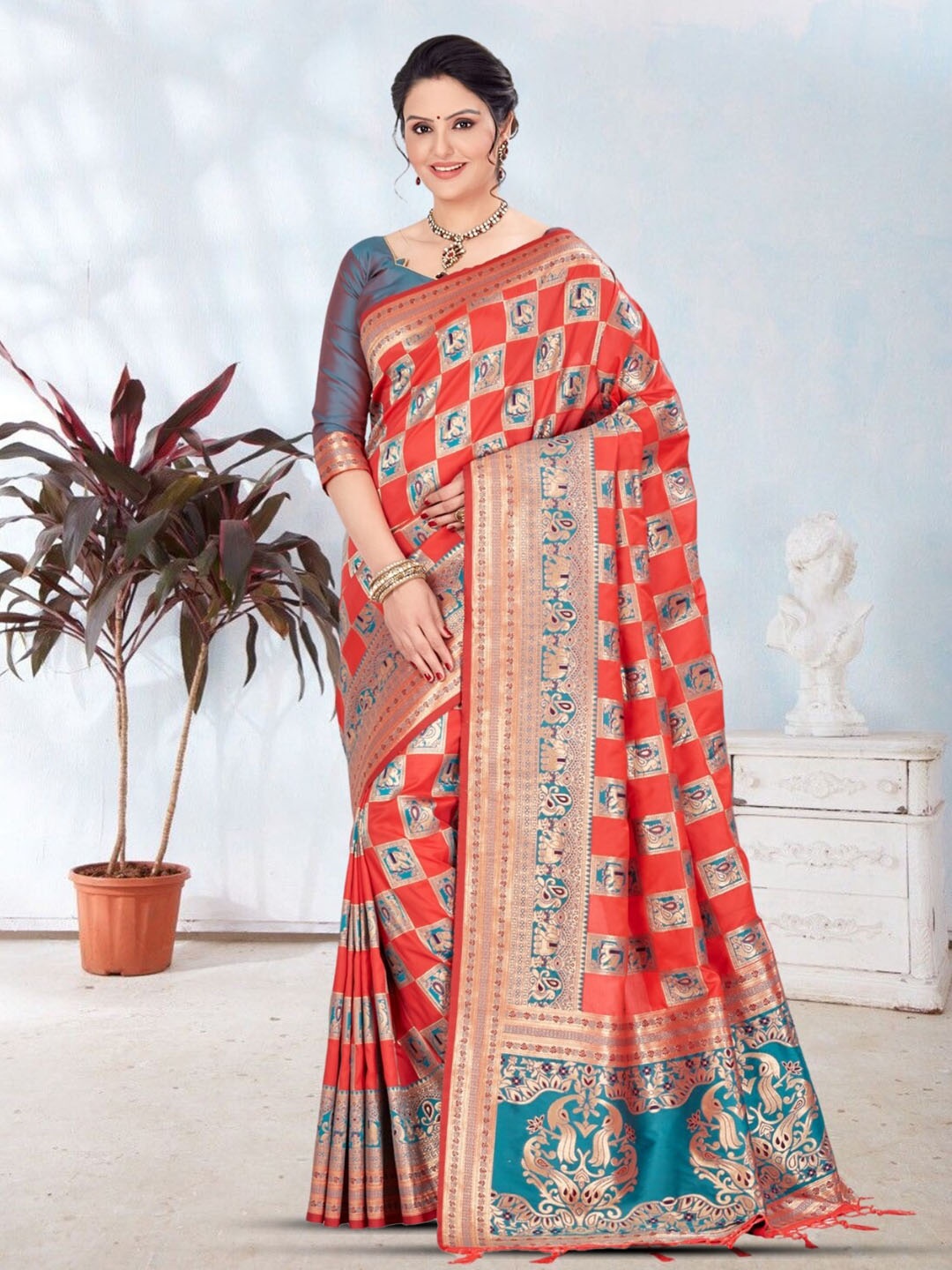 

Mitera Woven Design Zari Silk Blend Banarasi Saree, Rose