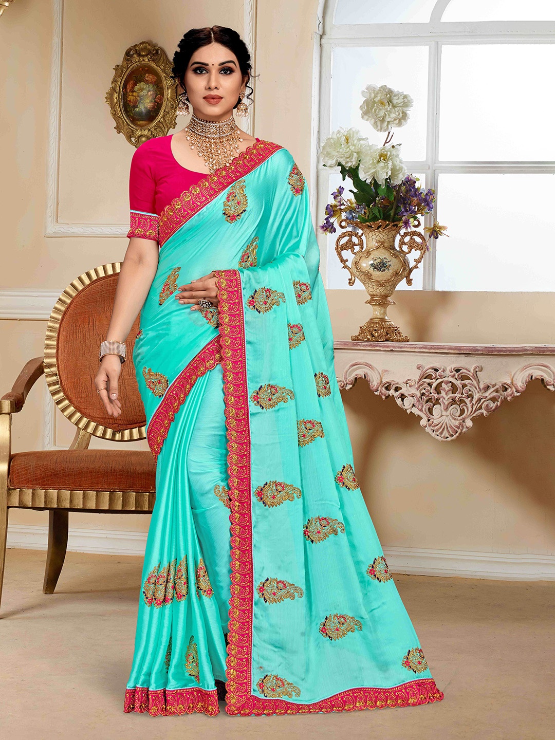 

Mitera Ethnic Motifs Embroidered Beads and Stones Silk Blend Saree, Blue