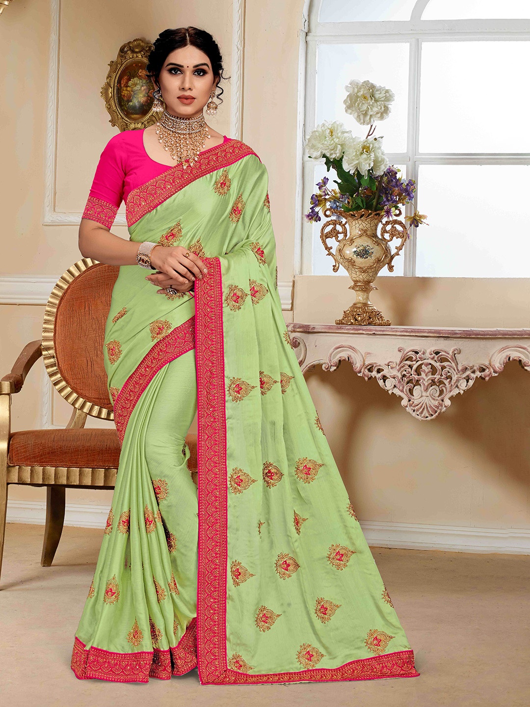 

Mitera Ethnic Motifs Beads and Stones Silk Blend Saree With Blouse Piece, Green