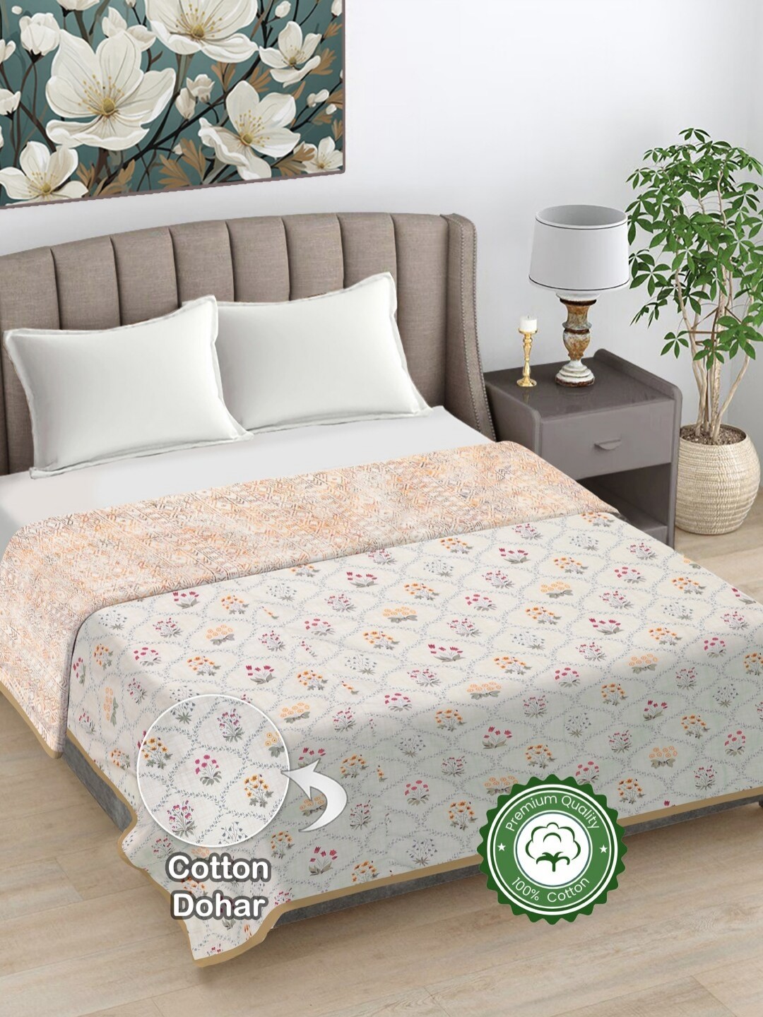 

FABINALIV White & Beige Floral Reversible AC Room 300 GSM Cotton Double Bed Dohar