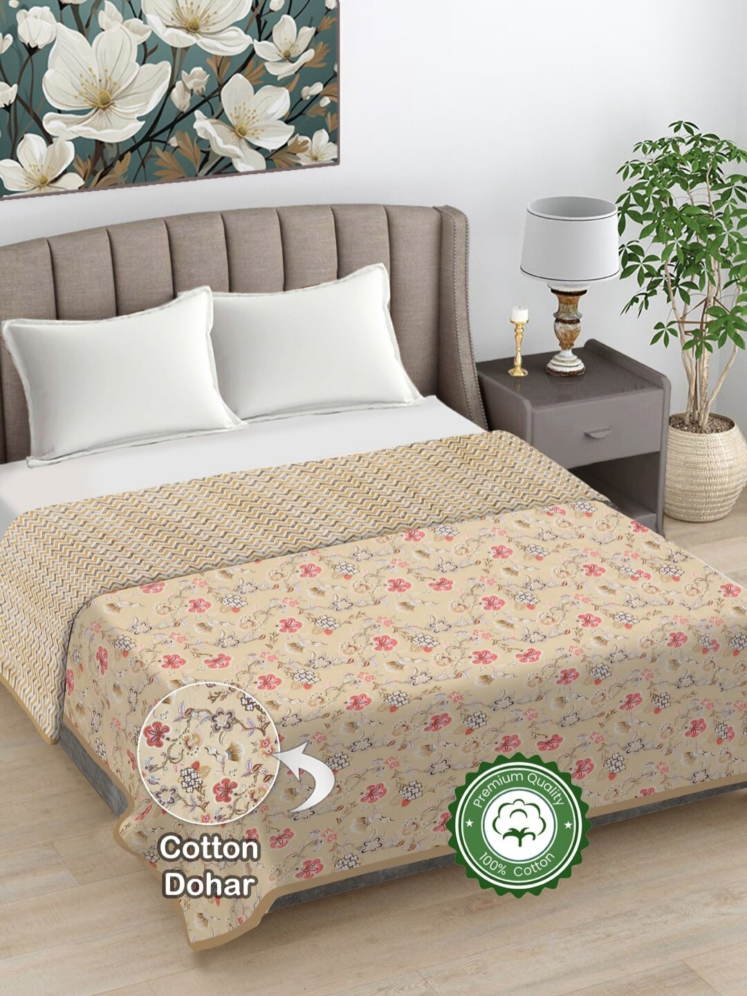 

FABINALIV Beige & White Floral Reversible Pure Cotton AC Room 300 GSM Double Bed Dohar