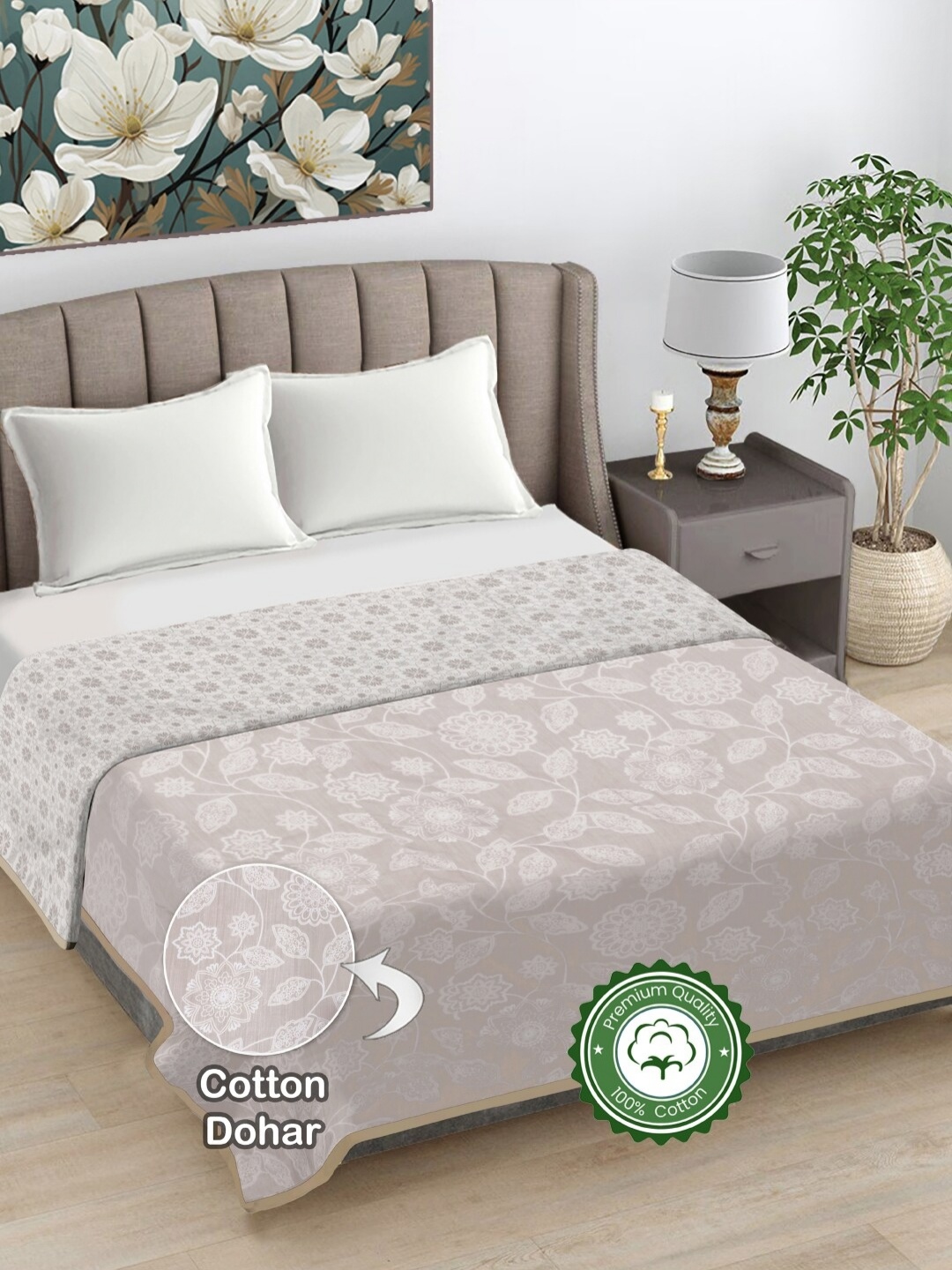 

FABINALIV Beige Floral Print Reversible AC Room 300 GSM Cotton Double Bed Dohar