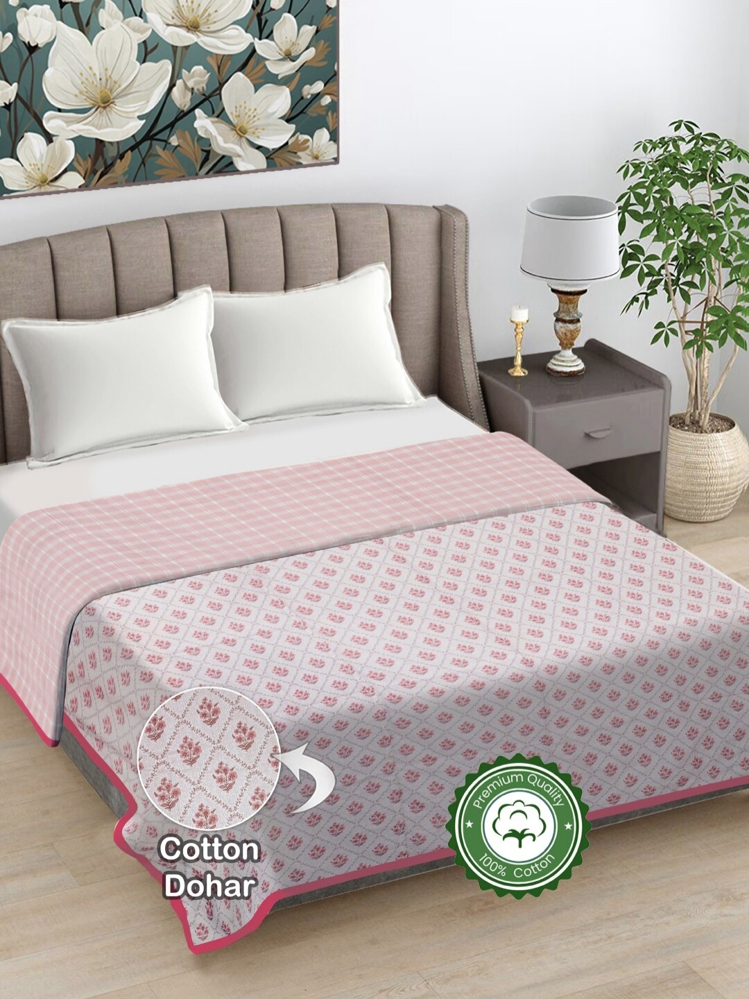 

FABINALIV Rust & White Floral Reversible Pure Cotton AC Room 300 GSM Double Bed Dohar