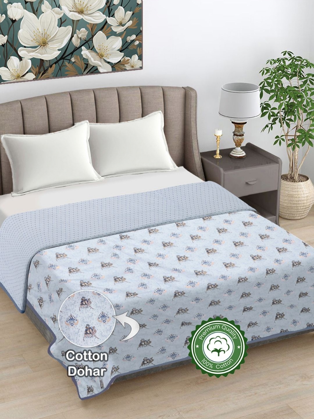 

FABINALIV Grey Ethnic Printed Reversible AC Room 300 GSM Cotton Double Bed Dohar
