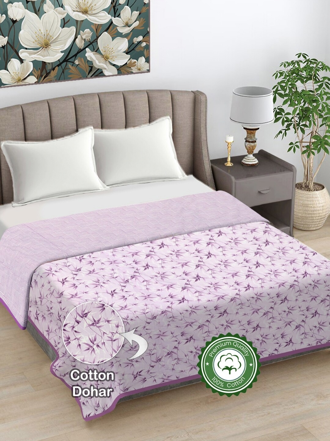 

FABINALIV Purple & White Floral Reversible Pure Cotton AC Room 300 GSM Double Bed Dohar