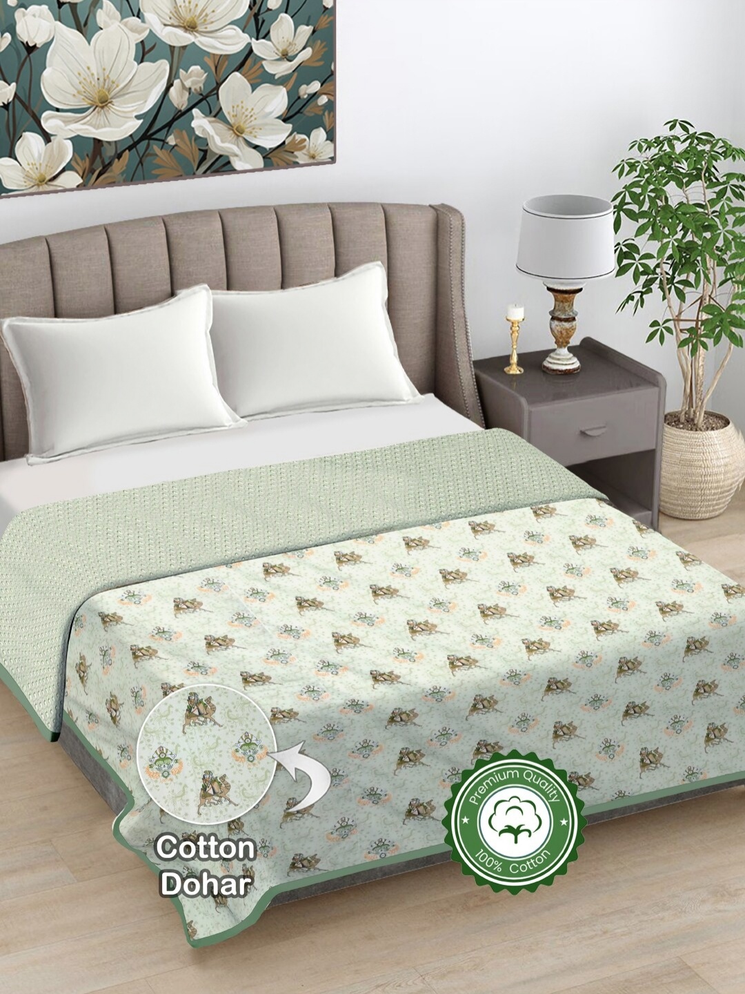 

FABINALIV Green Ethnic Printed Reversible AC Room 300 GSM Cotton Double Bed Dohar
