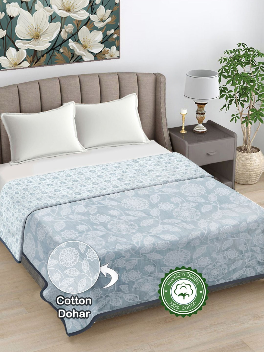 

FABINALIV Grey & Off White Floral AC Room Reversible Pure Cotton 300 GSM Double Bed Dohar