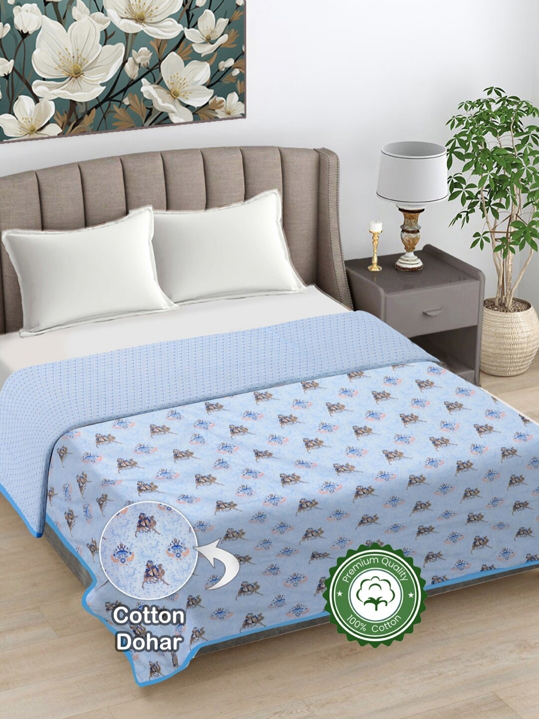 

FABINALIV Blue Ethnic Printed Reversible AC Room 300 GSM Cotton Double Bed Dohar