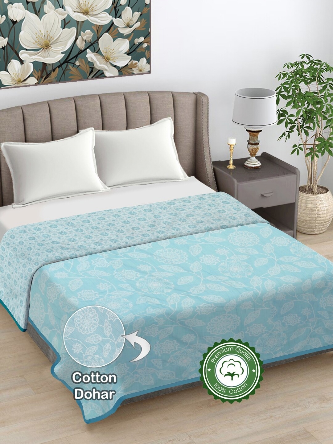 

FABINALIV Blue Floral Printed Reversible AC Room 300 GSM Cotton Double Bed Dohar