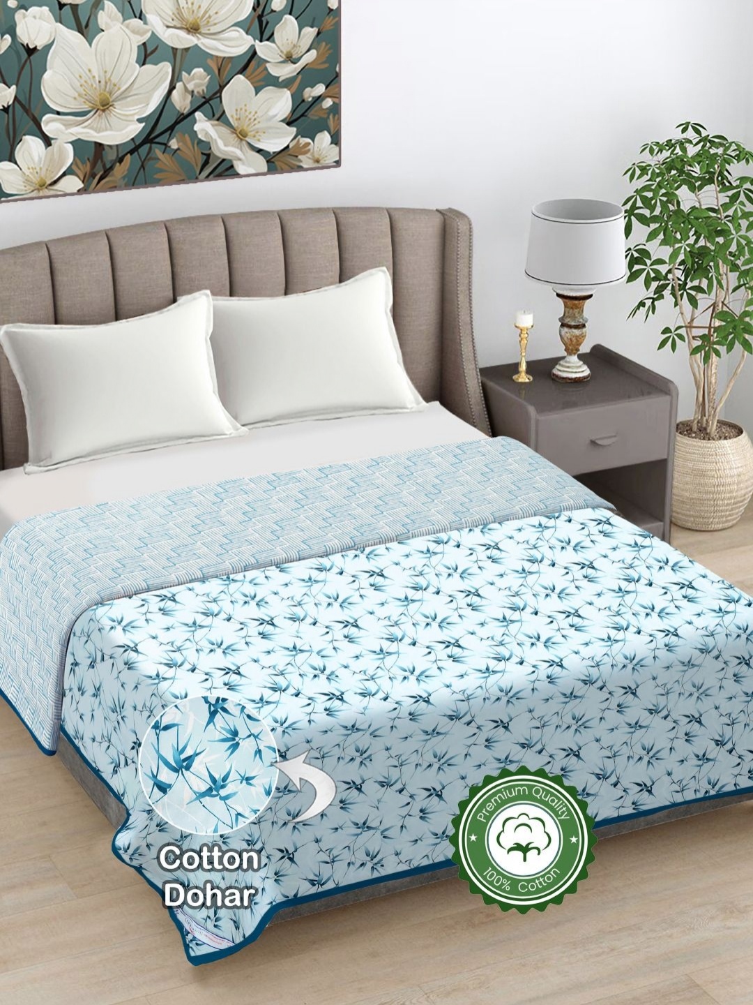 

FABINALIV Blue Floral Printed Reversible AC Room 300 GSM Cotton Double Bed Dohar