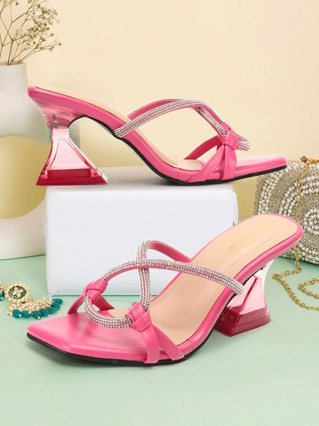 

madam glorious Embellished Block Heel Sandals, Pink