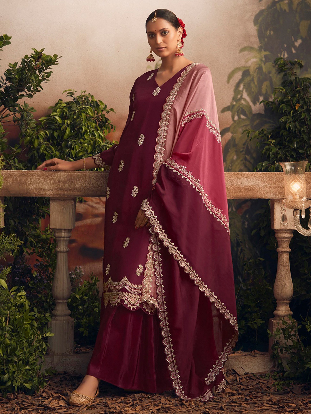 

Indo Era Women Floral Embroidered Regular Sequinned Kurta with Trousers & With Dupatta, Maroon